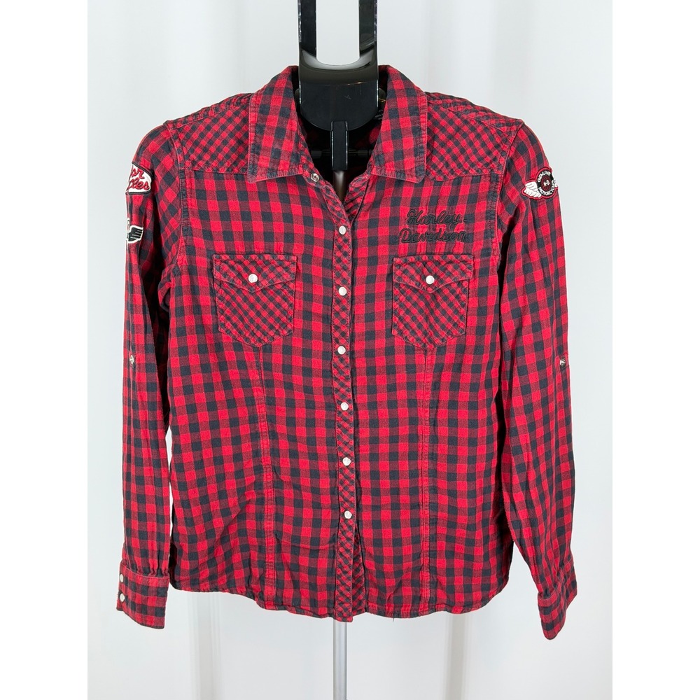 Harley-Davidson Womens Red Black Buffalo Plaid Button Down Shirt Patches Large